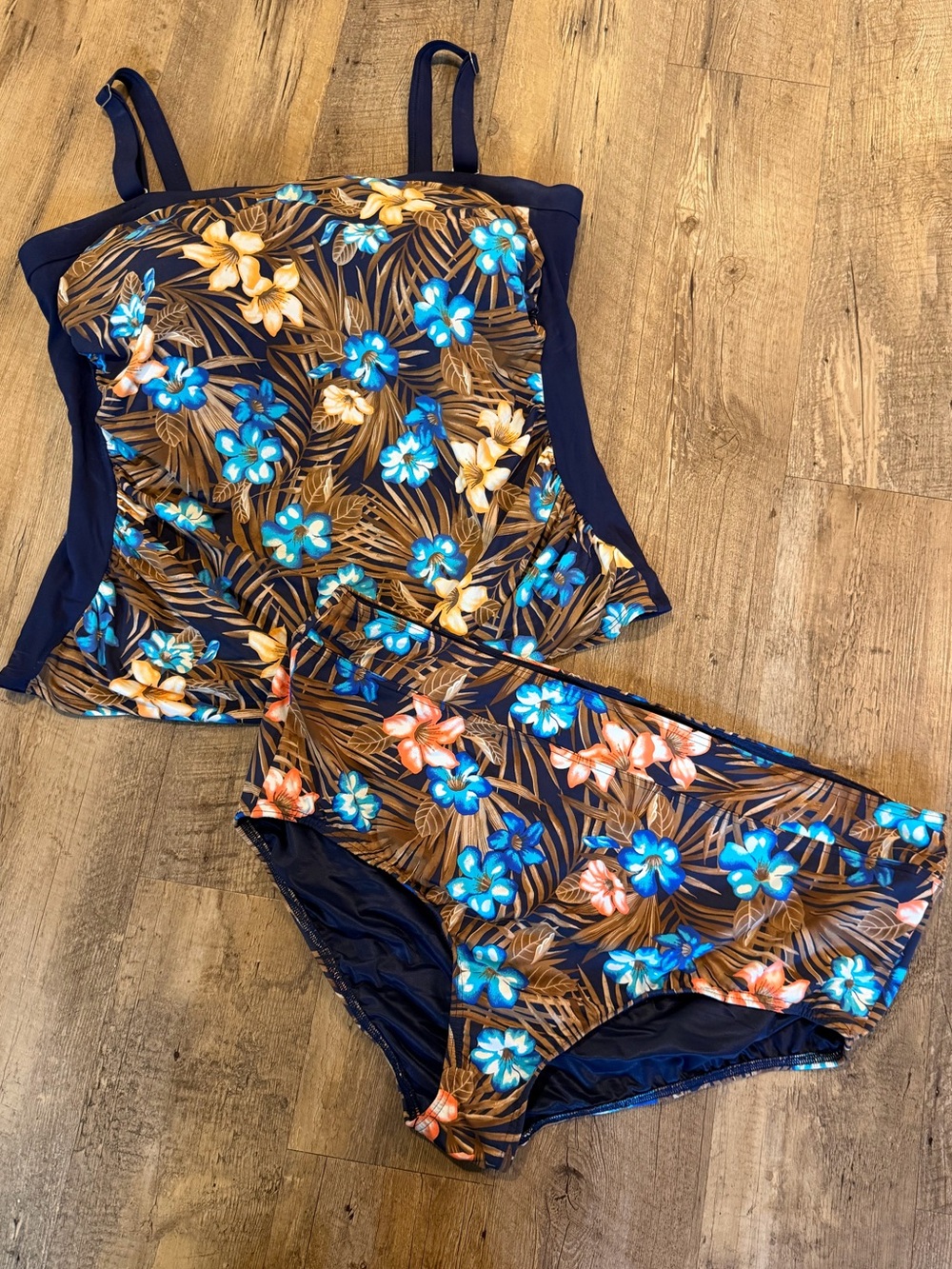 Lands' End Navy Tankini Set with Blue and Coral Floral Accents